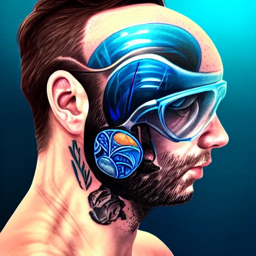 Image similar to a profile photo of a man with underwater helmet with tattoos on arm and neck, side profile in underwater, highly detailed, digital painting, artstation, illustration by Sandra Chevrier