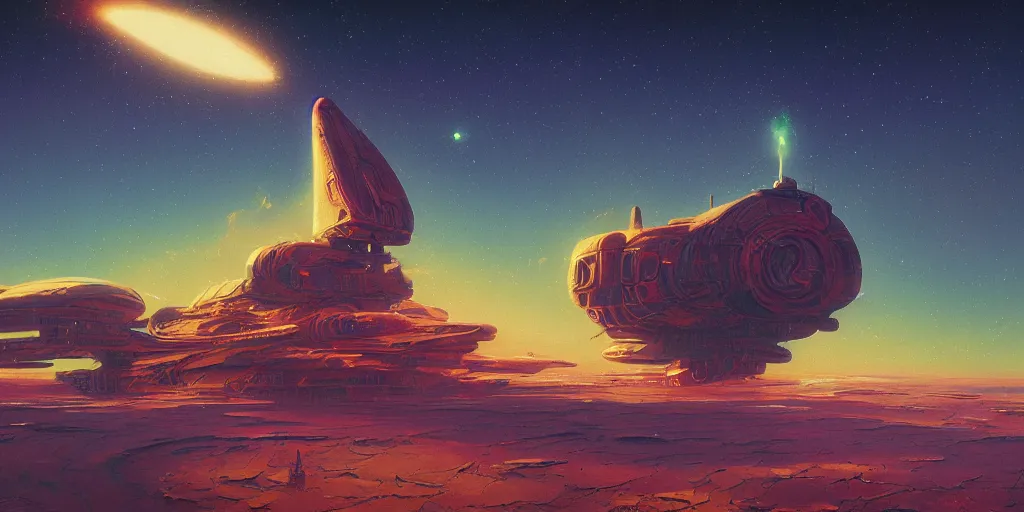 Image similar to look on my works ye mighty and despair, a highly detailed cinematic oil painting by roger dean and alena aenami, crashed spaceship!!, dynamic lighting