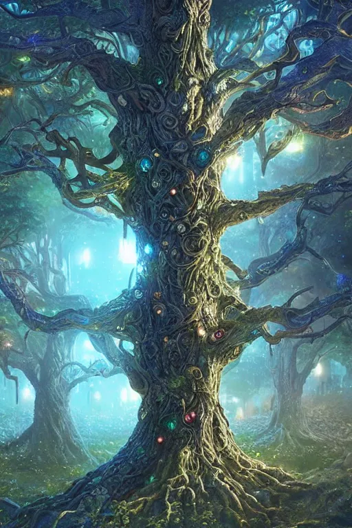 Prompt: tree of life, volymetric light, tiny miniature city around base of tree, sprawling out around it, dappled shadows and sparkly buildings, highly detailed matte painting by ( ohrai ), charlie bowater and mark brooks