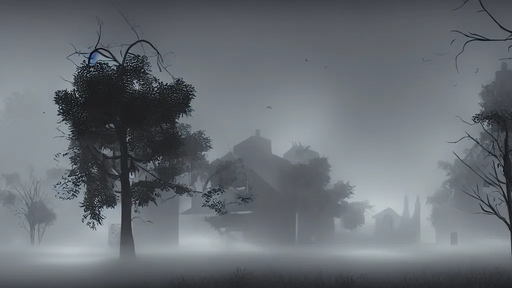 Image similar to village with many beautiful houses in the fog, fog, volumetric lighting, mystique, atmospheric, in the style of the game inside, sharp focus, ultra detailed, noir arthouse, 4 k, cinematic, 3 5 mm