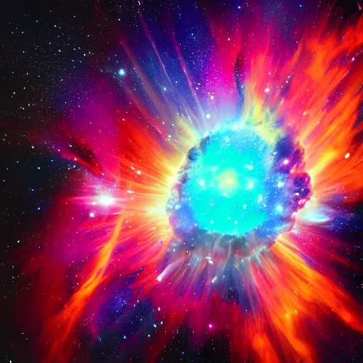 Prompt: A nebula exploding, colorful, Surrealism