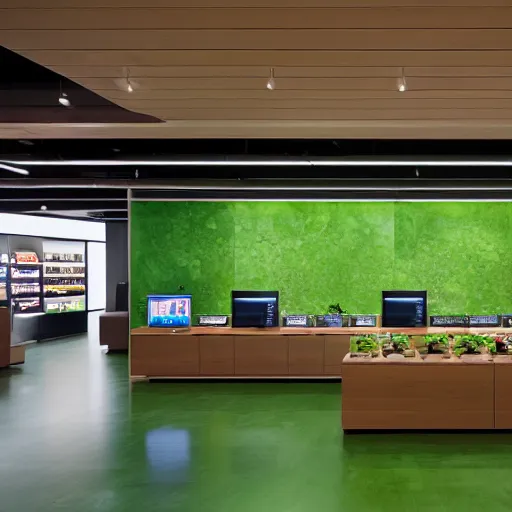 Prompt: interior photography of a Microsoft Samsung flagship store, black walls, textures, wood, polished concrete, spotlights, verdant plants green wall, water feature, award winning interior design, patterns, retaildesignblog, dezeen, 14mm, 8k, cinestill, pentax, film