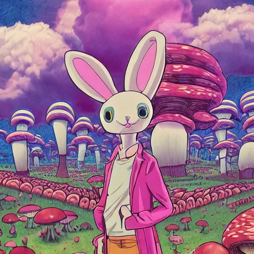 Prompt: 4 k headshot portrait of a psychedelic demonic anthropomorphic bunny rabbit with mushroom themed clothes, magic mushroom village in background. award winning, stylized neon, post - processing, masterpiece, superb resolution. in the art style of junji ito and greg rutkowski. detailed mushroom city in background. hyper realistic anime. perfect art. dalle 2