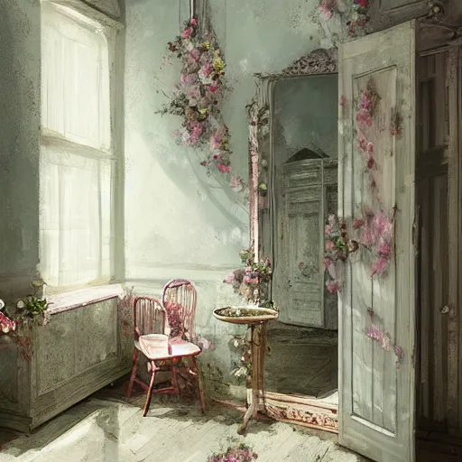 Prompt: beautiful digital matte painting of a whimsical botanical shabby chic dressing room by greg rutkowski and edward hopper, artstation, behance hd - h 7 6 8