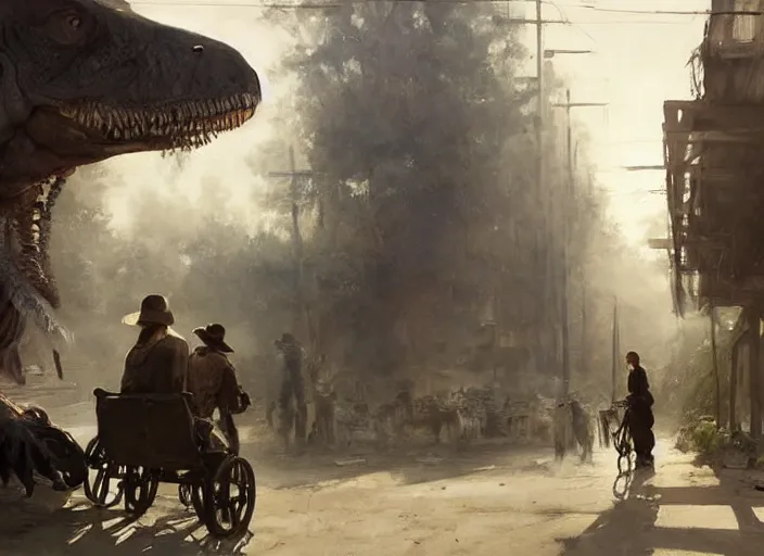 Image similar to oil painting of tyrannosaurus rex with diaper in wheelchair, in dusty wild west street, art by anders zorn, wonderful masterpiece by greg rutkowski, beautiful cinematic light, american romanticism by greg manchess, jessica rossier