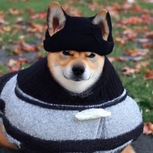 Image similar to A Shiba Inu dog wearing a beret and black turtleneck