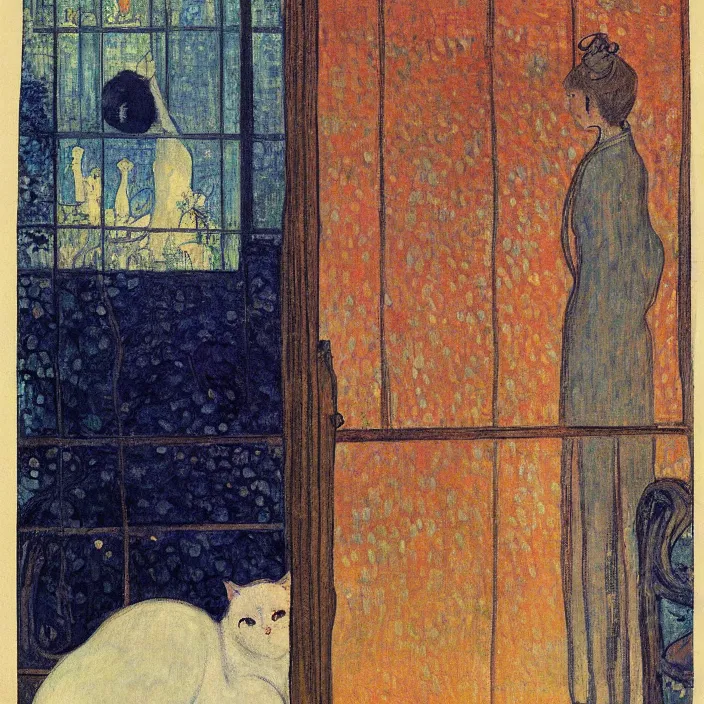 Image similar to sad woman and white cat with city with gothic cathedral and tall trees seen from a window frame with curtains. night with glowing stars with fireflies. mikalojus konstantinas ciurlionis, henri de toulouse - lautrec, utamaro, matisse, monet