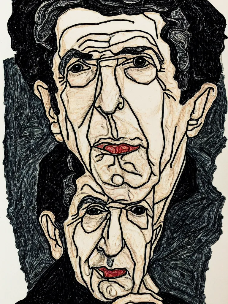 Prompt: a detailed line art portrait of writer leonard cohen, inspired by the work of egon schiele.