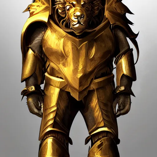 Image similar to a award winning commission photograph of an anthropomorphic lion with human features wearing a golden knight armor, digital art, character concept, highly detailed, deviantart, artstation, beautiful, photorealistic, imagination, fantasy, dramatic