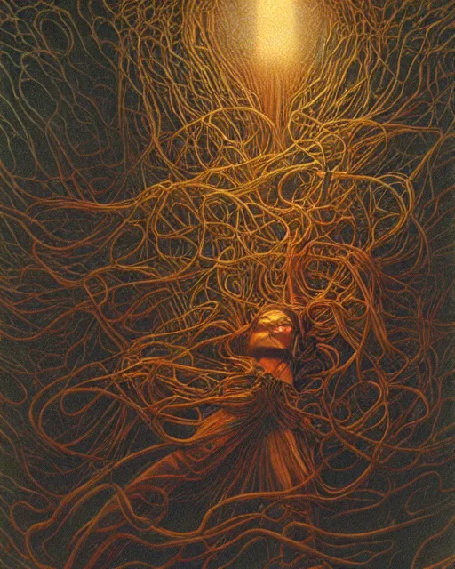 Image similar to conjuring!!! an image!!! from noise!!!, by donato giancola, zdzisław beksinski, and larry elmore, intricate, chaotic, hopefull, volumetric lighting