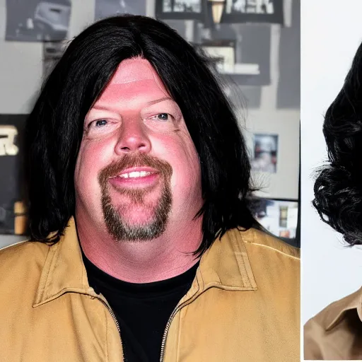 Image similar to Rick Harrison with a wig talking to the camera, lots of black hair, wig, symmetrical face