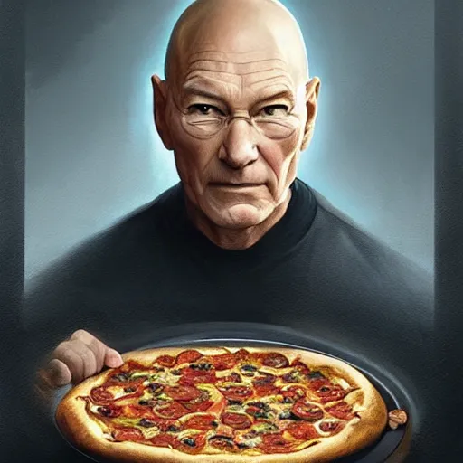 Prompt: portrait of Patrick Stewart eating pizza, highly detailed, digital painting, artstation, concept art, sharp focus, illustration, art by artgerm and greg rutkowski and alphonse mucha