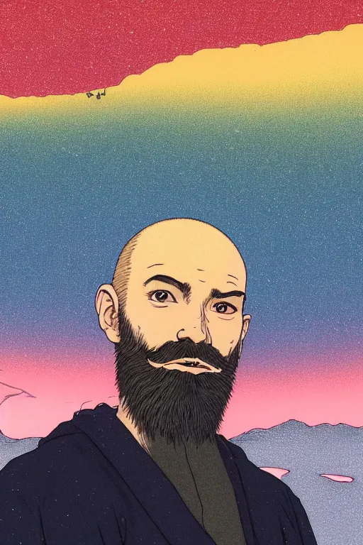 Image similar to a colorful closeup portrait of a young bald man with a very long wild beard dreaming psychedelic hallucinations in the vast icy landscape of antarctica, by kawase hasui, moebius and edward hopper, colorful flat surreal design, hd, 8 k, artstation