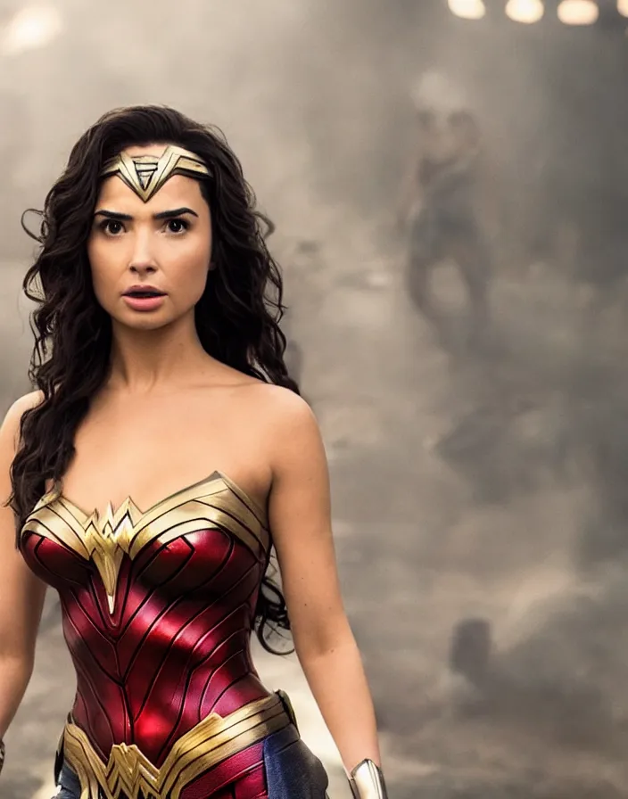 Prompt: movie still of demi rose as gal gadot wearing tube top from the movie wonder woman, directed by scott snyder, 4 k hd, oscar winning, high detail