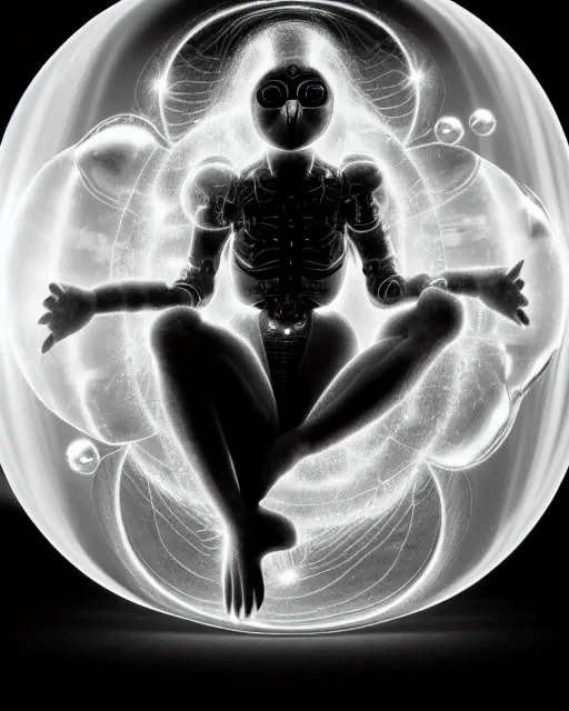 Prompt: black and white lithography of a young beautiful delicate translucent luminous cyborg - owl giving birth to the new world in a bubble, inspired by michelangelo, spiritual, halo, glory, rim light, cinematic, studio dramatic light, poetic, surreal mythical dreamy dark artistic masterpiece, octane render, 8 k, photo