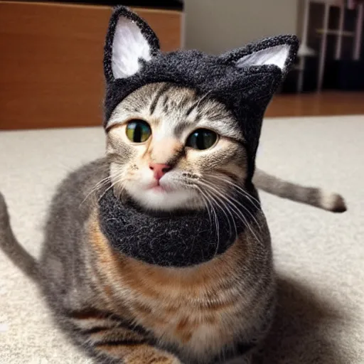 Image similar to cute cat photo, wearing wool hat, tongue mlem, cat ears