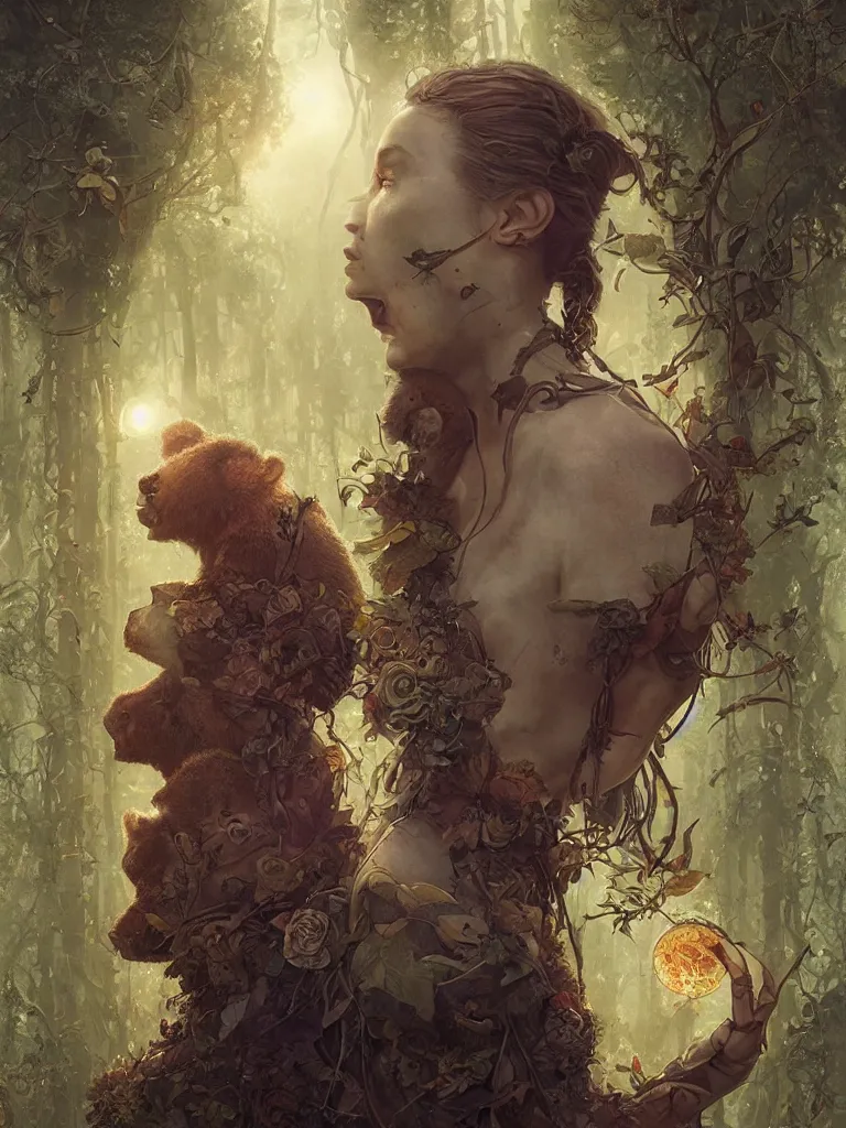Image similar to a solarpunk portrait of a gorgeous woman in the movie Annihilation, with mutated bears and trees and fractal sunlight, award-winning, masterpiece, in the style of Tom Bagshaw, Cedric Peyravernay, Peter Mohrbacher