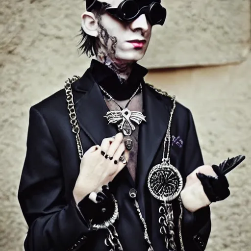 Prompt: a eccentric goth guy wearing goggles and eclectic jewelry, small details, aesthetic!!!,