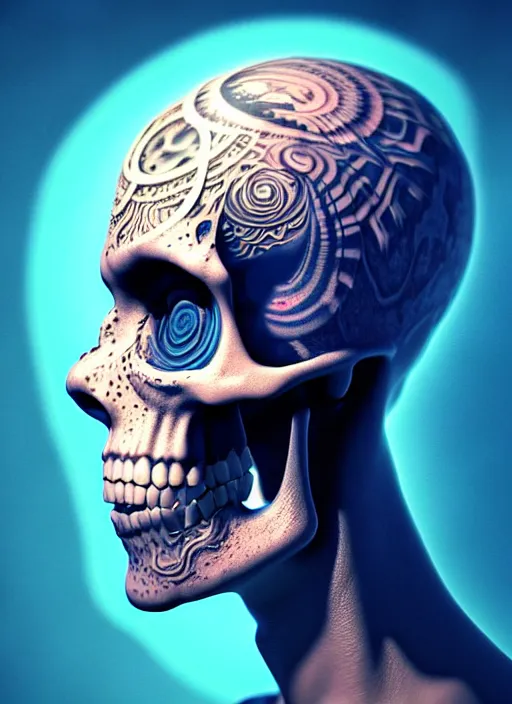 Image similar to 3 d shaman with tattoos profile portrait, sigma 5 0 0 mm f / 5. beautiful intricate highly detailed skull. bioluminescent, plasma, frost, water, wind, creature, gradient background, thunderstorm! artwork by tooth wu and wlop and beeple and greg rutkowski, 8 k trending on artstation,