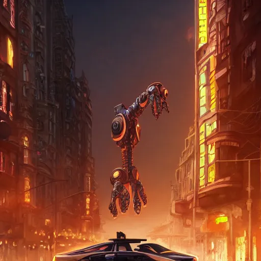 Prompt: detailed intricate digital illustration by greg rutkowski and artgerm and wlop and sanford robinson gifford ; terrifying monster robot looms over city intersection ; 1 3 mm film, arri alfa anamorphic lens ; sharp focus ; golden hour, trending on artstation 8 k