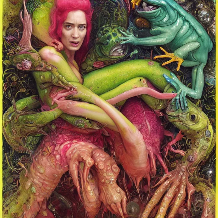 Prompt: a portrait photograph of emily blunt as a brightly colored amphibian hybrid with wet mutated skin. wearing a cactsuit many body modifications. by tom bagshaw, donato giancola, hans holbein, walton ford, gaston bussiere, brian froud, peter mohrbacher and magali villeneuve. 8 k, cgsociety