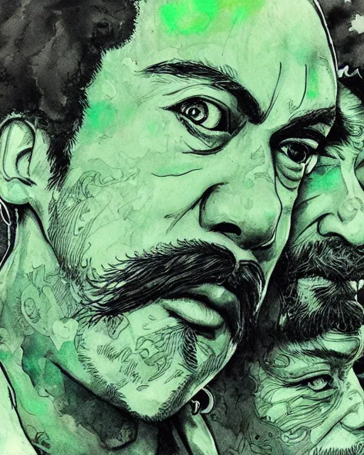 Image similar to portrait of cheech and chong, concept art, sumi - e style, intricate linework, green smoke, artstation, trending, highly detailed, smooth, focus, art by yoji shinkawa,