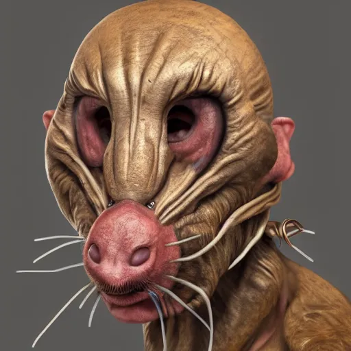 Image similar to humonoid rat man, grimy, portrait, 4 k, photorealistic, whiskers