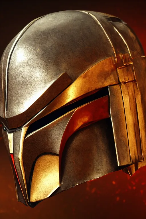 Image similar to an artistic and realistic 8k sculpture of a mandalorian helmet, liquid simulation, bright psychedelic color, dramatic lighting, silver gold red details, filigree, intricate details, cinematic, elegant, octane render, filmic, interesting camera angle, 8k post-processing, intricate art by John Collier and Albert Aublet and Krenz Cushart and Artem Demura and Greg Rutkowski