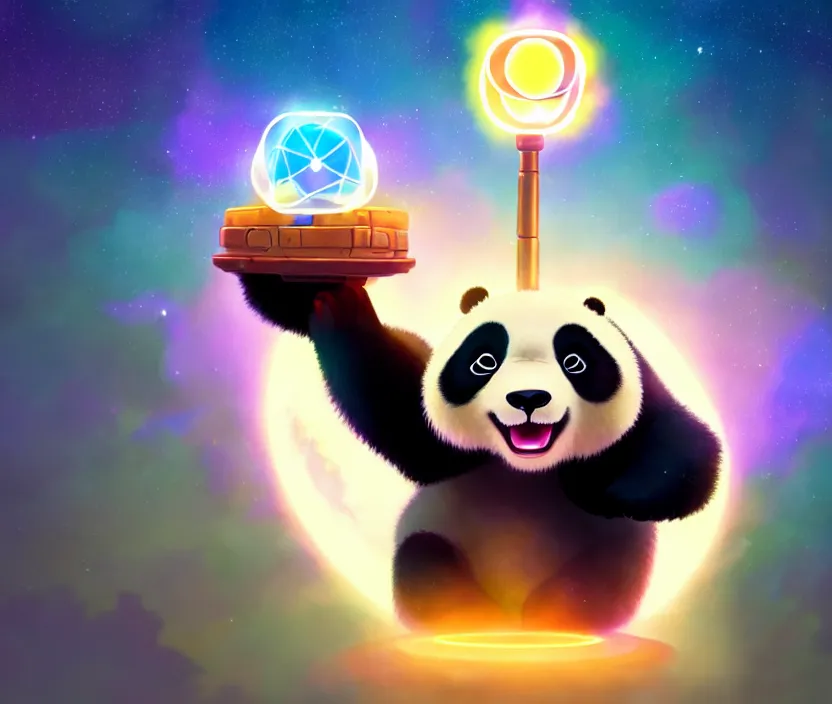 Prompt: a wholesome key shot of a cute panda holding a glowing tesseract, an alien space ship up in the sky at the background, low shot angle, studio ghibli, pixar and disney animation, sharp, rendered in unreal engine 5, anime key art by greg rutkowski and nixeu, full bloom, vibrant lighting