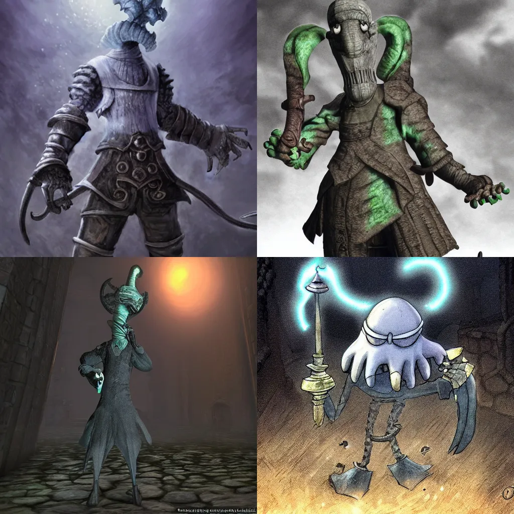 Image similar to squidward as a dark souls boss