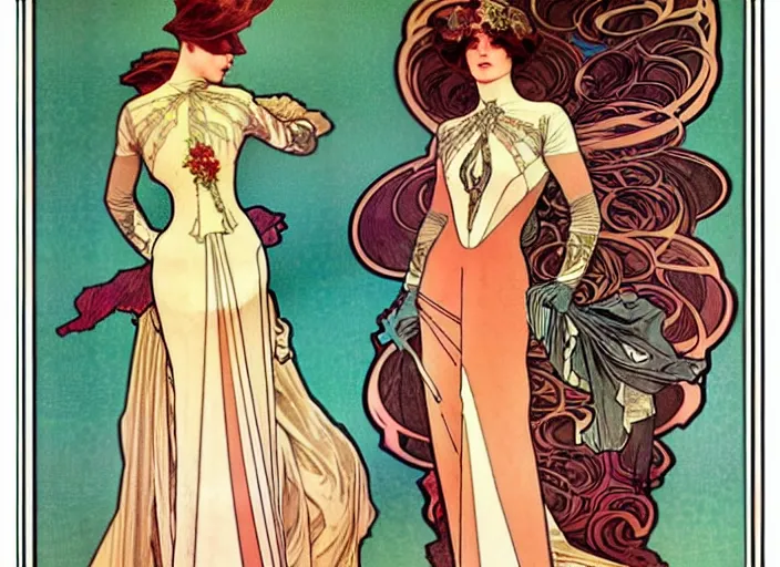 Image similar to 4 elegant full length daredevil comic dress designs with natural history prints designed by alphonso mucha