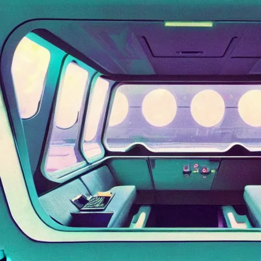 Image similar to Cozy interior of a spaceship, teal lighting, cozy lighting, space seen outside from a window, by Syd Mead, John Harris, Federico Pelat