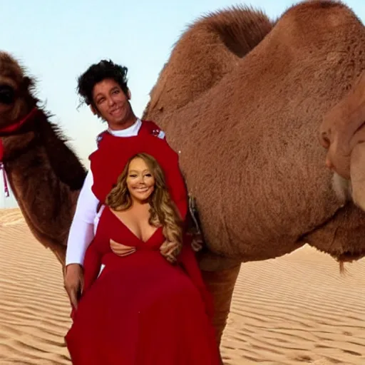 Image similar to mariah carey in a santa outfit while riding a camel in the desert