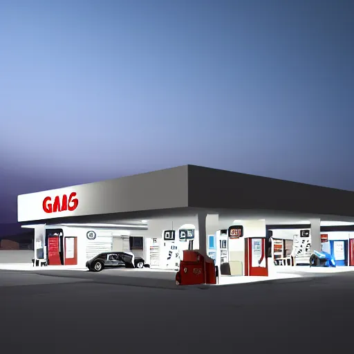 Prompt: a digital rendering of a gas station at night by emiliano ponzi