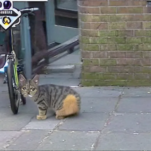 Prompt: CCTV footage of a cat stealing a bike