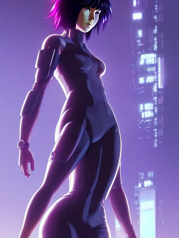 Image similar to a fullbody portrait of motoko kusanagi ghost in the shell, finely detailed features : : gits sac twenty forty five netflix : : by ilya kuvshinov, rossdraws, artgerm, sola digital arts, production ig, anti aliasing, raytracing : :