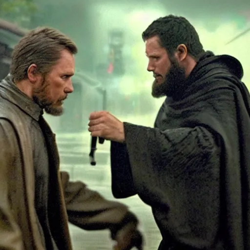 Image similar to the iconic fight between smith and neo in the rain, only instead of smith the are all obi wan kenobi clones