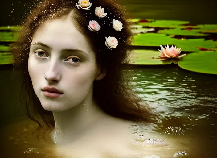 Prompt: portrait photo of a beautiful woman how pre-Raphaelites neauty type in style of Paolo Roversi, natural color skin, the face emerges from the water of a pond with water lilies, half face and hair are immersed in water, a beautiful lace dress and hair are intricate with highly detailed realistic beautiful flowers , Realistic, Refined, Highly Detailed, natural outdoor soft rose colors scheme, blur background, outdoor fine art photography, Hyper realistic, photo realistic 8K, soft light, volumetric lighting, highly detailed, britt marling style 3/4