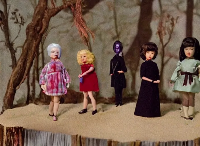 Image similar to Still frame from scene from the retro Twin Peaks consisting of doll miniatures diorama, directed by Nobuhiko Obayashi