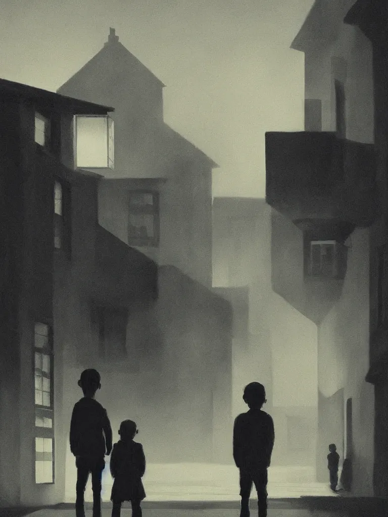 Image similar to two kids posing for a picture at night, dark, backlighting, small village, town square, artwork by edward hopper, james gilleard, zdzislaw beksinski, noir, atmospheric