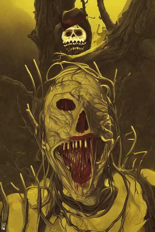 Image similar to the man in the yellow hat in sleepy hollow, full body, big two toned eyes, teeth gritted, horror, intricate details, cinematic, epic, realistic, anatomy, tomer hanuka, uplight, artstation, photorealistic, scary