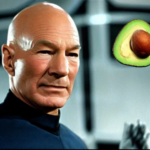 Image similar to an avocado as the captain of the enterprise in star trek the next generation, patrick stewart