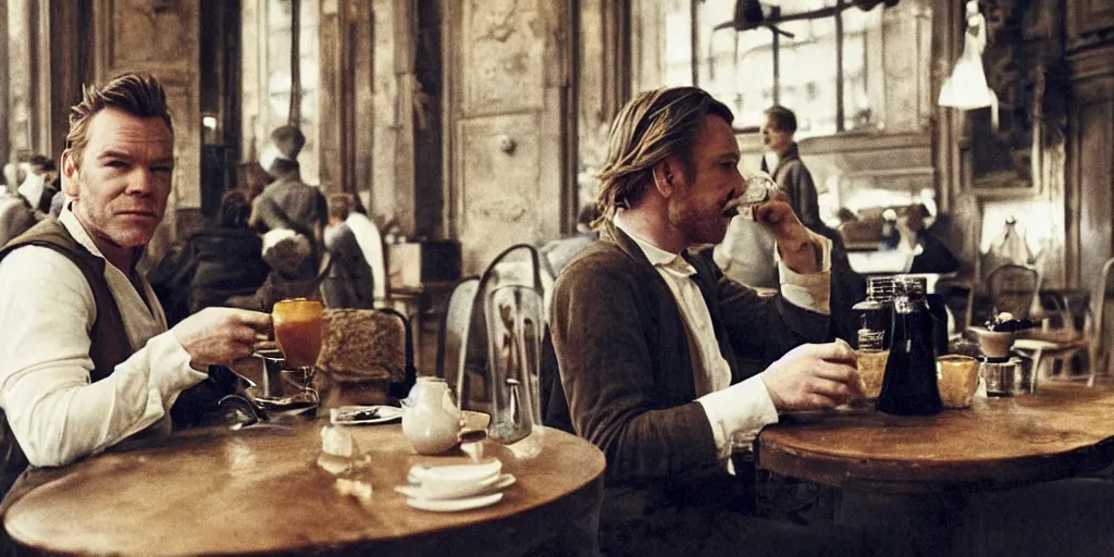 Image similar to ewan mcgregor is sitting at table in a cafe at paris in early 2 0 th century. next to him is a brown cat licking milk from little saucer, atmospheric feeling, warm colours, brown colours, yellow colours, epic scene, cinematic, very detailed