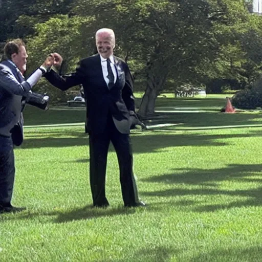 Image similar to a monster from predator destroys joe biden on the white house lawn