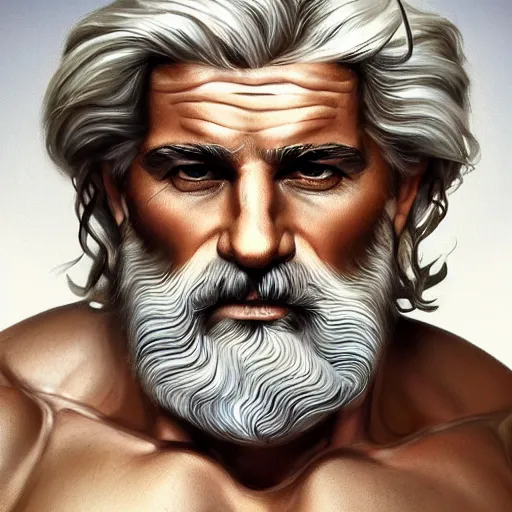 Prompt: painted portrait of rugged zeus, greek god, 4 0 years old, handsome, white hair, soft hair, upper body, muscular, hairy torso, fantasy, intricate, elegant, highly detailed, digital painting, artstation, concept art, smooth, sharp focus, illustration, art by norman rockwell