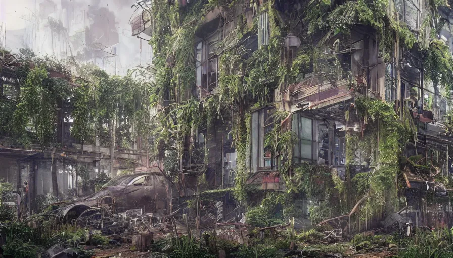 Image similar to Abandoned Building Overgrown by beautiful plants, Dystopian Slum, Hyperrealism, Hyperdetailed, Intricate Details, Anamorphic Lens, Cinematic Lighting, Volumetric Lights, Raytracing Reflections, Unreal Engine 5