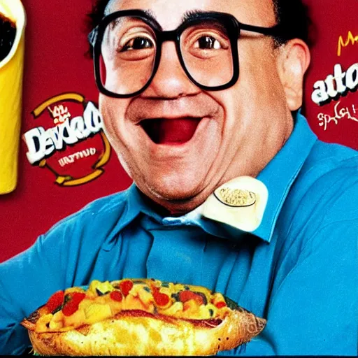 Image similar to 1990s McDonald's advertisement for a baby seal disguised as a loaded baked potato with Danny DeVito