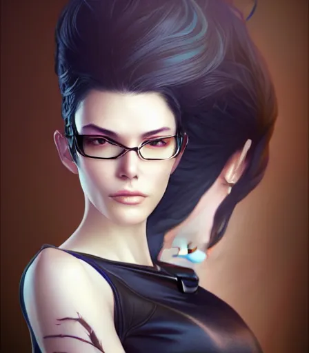 Prompt: beautiful long shot portrait of a gorgeous model with hour glass figure who looks like Bayonetta, character design by charlie bowater, ross tran, artgerm, and makoto shinkai, detailed, soft lighting, rendered in octane