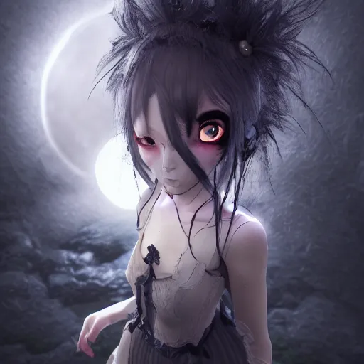 Prompt: full shot portrait of angry darkness cute anime girl at moonlight, gothic wearing, inspired by Tim Burton, Norihiro Yagi, WLOP, Marc Simonetti, Amano, Andrei Riabovitchev, detailed, unreal engine 4k volumetric light, fog,