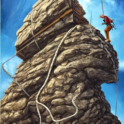 Image similar to groups of adventurer rock climbers climbing a giant ancient dragons skull, very detailed, fantasy art, dungeons and dragons, belaying, ropes, equipment, landscape, cover of national geographic